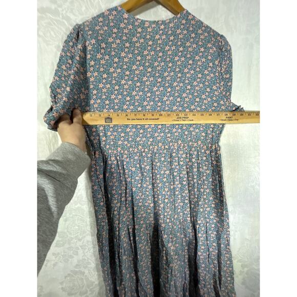 Handmade Dress Medium Blue Pink Floral Faux Wrap Tiered Ruffle Cottage Core - Picture 10 of 12